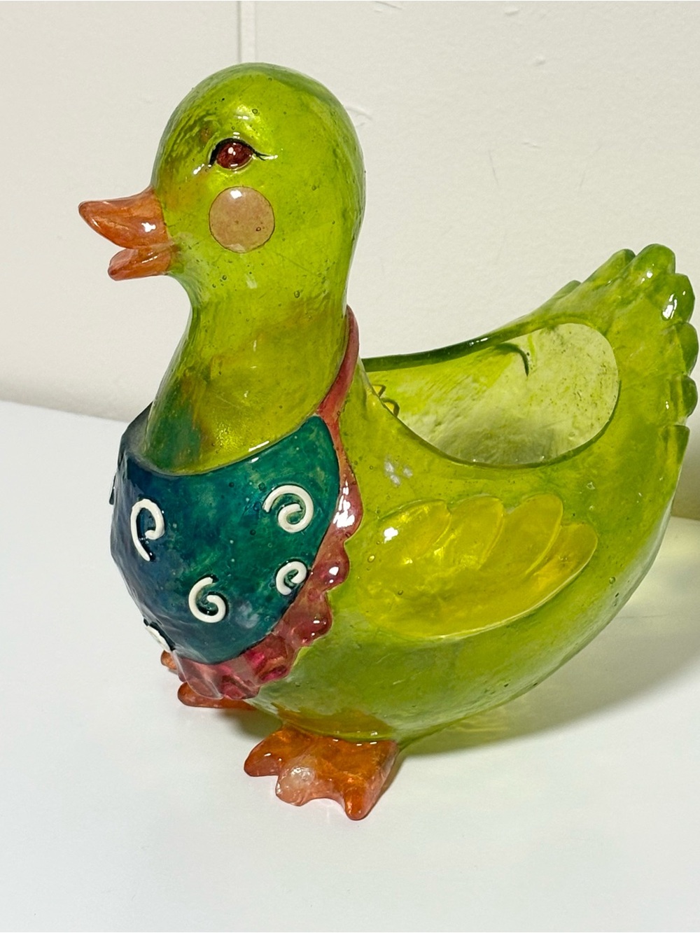 Kitschy Eclectic Green Plastic Hand Painted Duck Goose Planter Trinket Bowl Dish